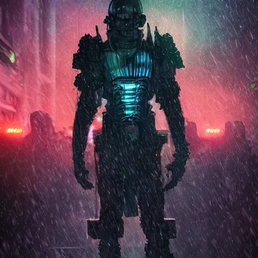 Image similar to a midieval warrior wearing tacos for armor, in the a blade runner like city, detailed, 4k,