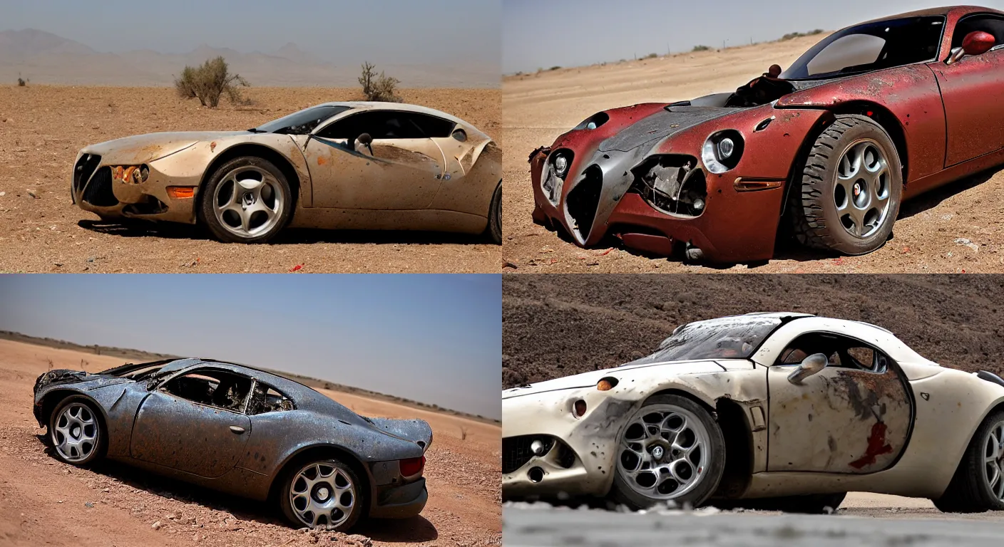 Prompt: a wrecked 2 0 0 7 alfa romeo 8 c competizione, abandoned in a desert, dusty, damaged, some rust