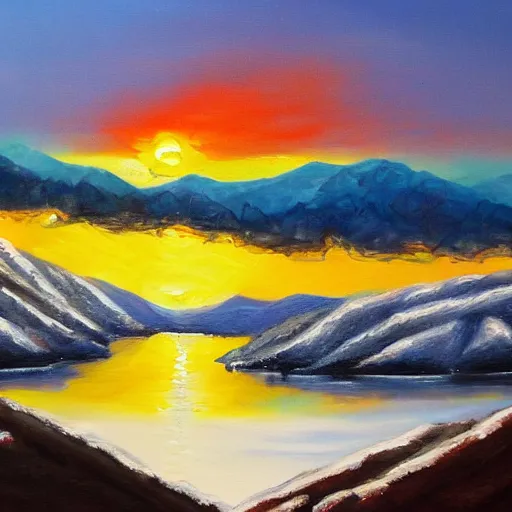 Prompt: snowy mountains, sunrise, oil painting