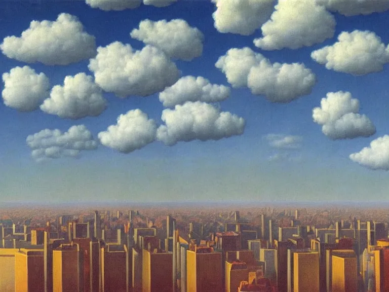 Image similar to city on clouds, painting by rene magritte, centered, high detail, high resolution