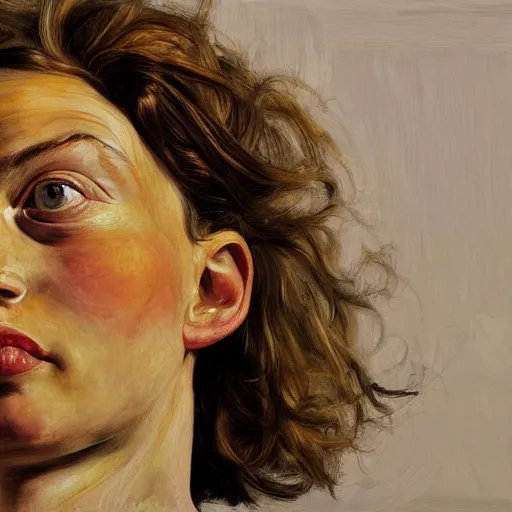 Image similar to high quality high detail painting by lucian freud, hd, excited girl portrait, low angle, photorealistic lighting