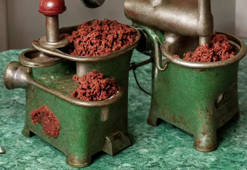 Prompt: a rusty vintage meat grinder full of ground beef and ketchup on a green marble table