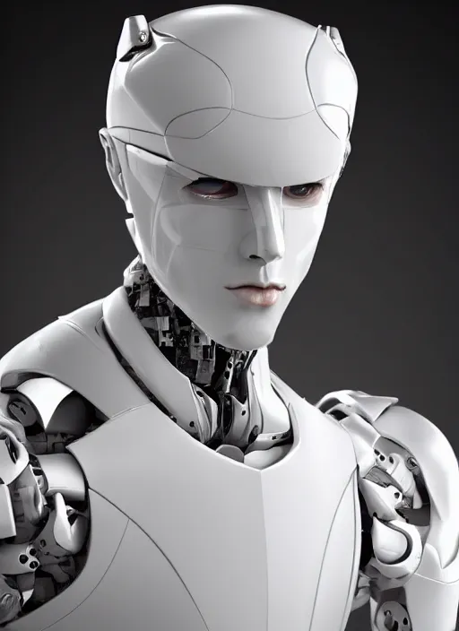 Image similar to portrait of a futuristic blanco ceramic Spanish prince humanoid robot macho guapo with a handsome face and muscular body, trending on cgsociety