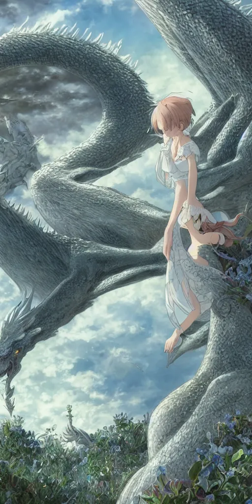 Image similar to the beautiful hyper detailed scene render that a lonely beautiful girl lies in the arms of a huge silver white dragon alone in fairyland surrounded by white clouds, finely detailed angelic face delicate features, style of studio ghibli, makoto shinkai, raphael lacoste, louis comfort tiffany, artgerm, james jean, ross tran, animation style, hd, ultra wide angle