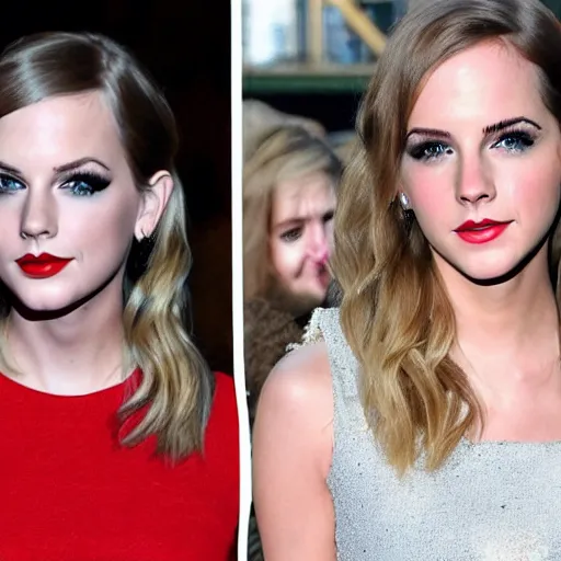 Image similar to stage photo of taylor swift and emma watson as one person,