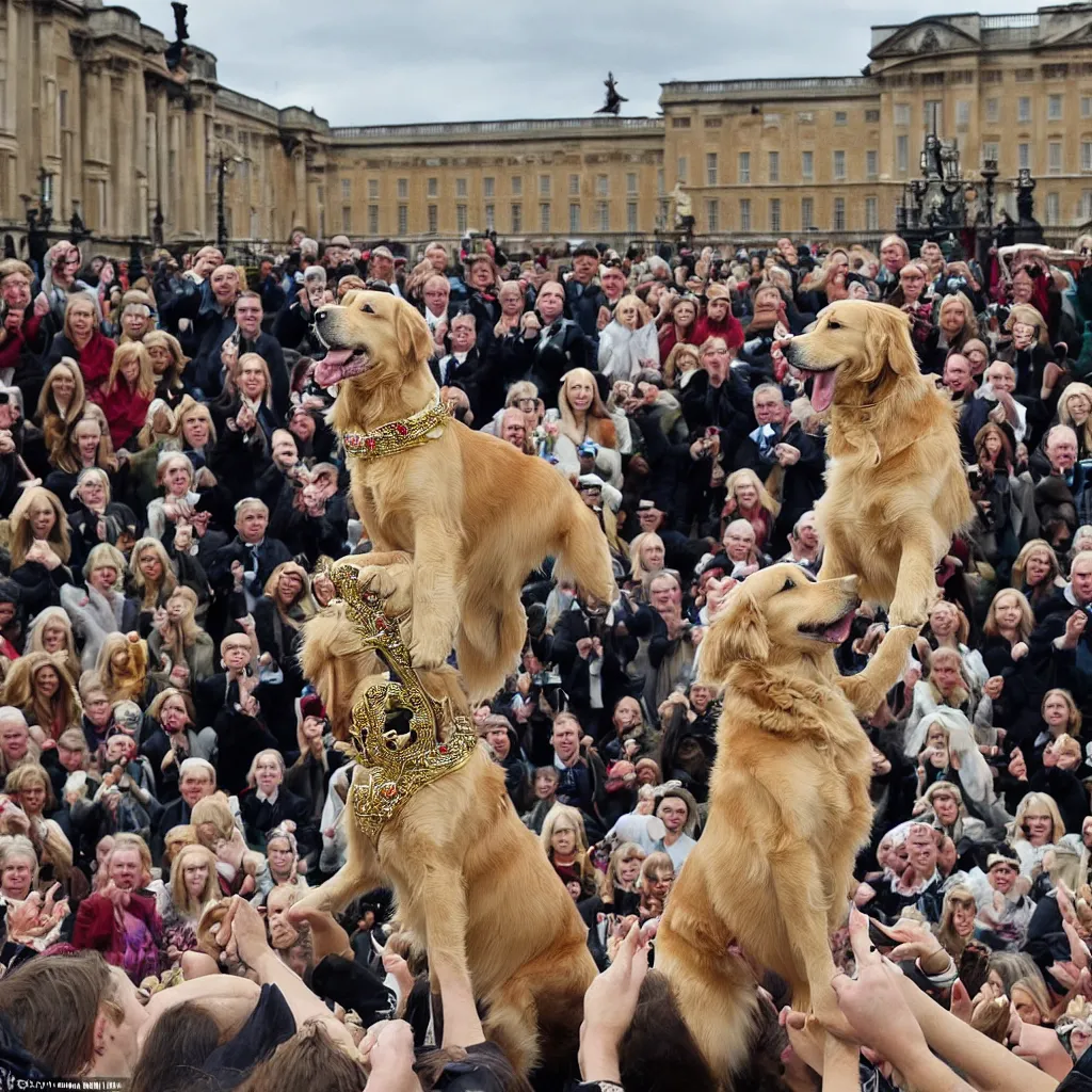 Image similar to national geographic photo of a golden retriever wearing a crown being hailed as the new king of England by a crowd of people at Buckingham palace in the background