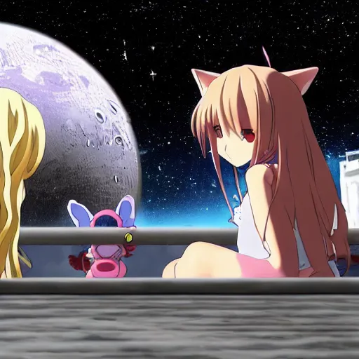 Prompt: Two Anime Catgirls on the Moon watching Earth's destruction, cinematic