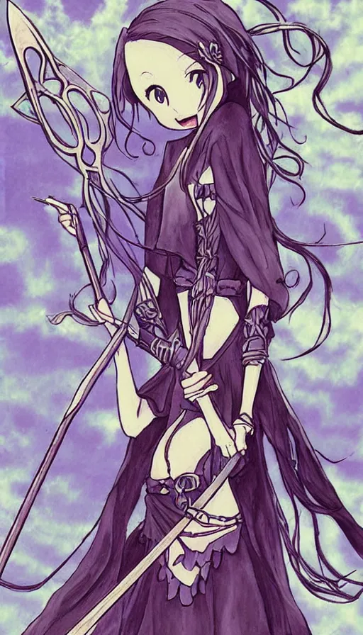 Image similar to a beautiful link drawing of the being death as a cute anime girl with a giant scythe from a studio ghibli film inspired by the death tarot card, dark vibes, pastel colors