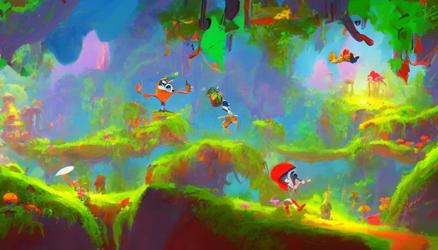 Prompt: landscape painting for animation in the style of rayman game, environment design, lively, joyful, colorful, jungles, cities, highly detailed