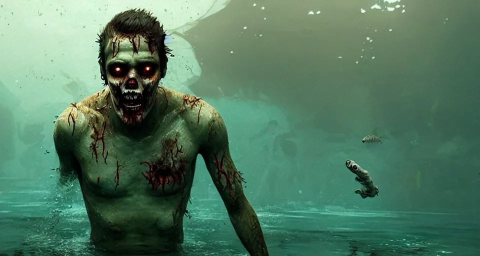 Image similar to highly detailed full body portrait of a zombie swimming underwater in a zombie - apocalypse, in a swimming pool, by greg rutkowski, octane render