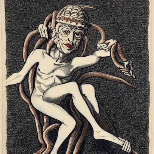 Image similar to goblin sitting on the shoulders of a blind - folded medusa, caricature, highly detailed