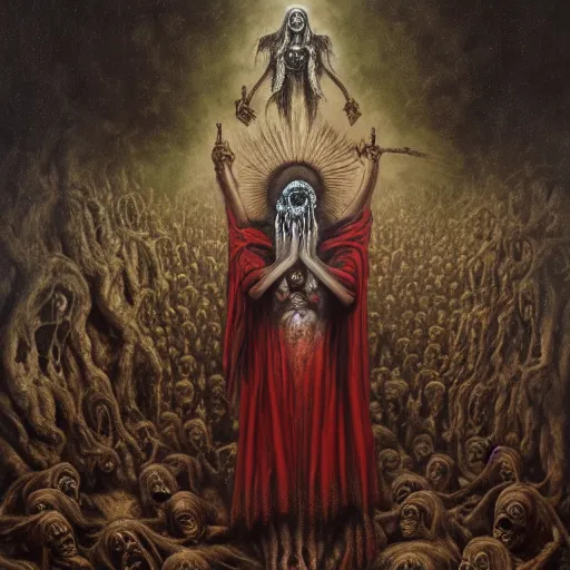 Prompt: santa muerte being awakened by a mexican death cult through a ritual, by anton semenov and gustave dore and guillermo del torro in a surreal dark horror style, oil on canvas, 8k, hd,