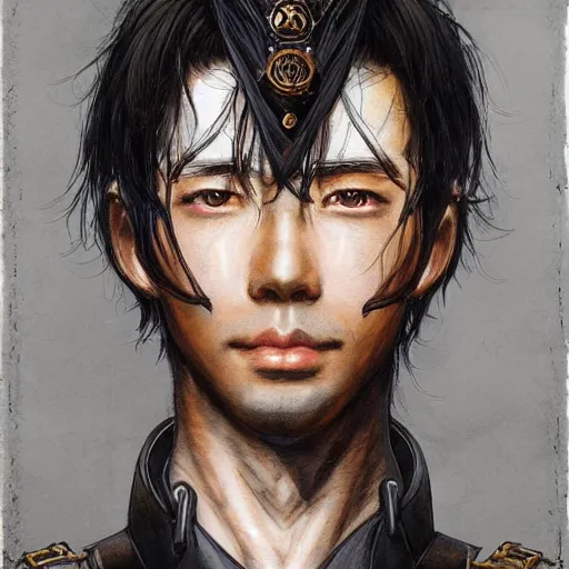 Image similar to portrait of a man by ayami kojima, japanese, he is about 2 0 years old, black short hair with bangs, he is wearing a steampunk tactical gear, highly detailed portrait, digital painting, artstation, concept art, smooth, sharp foccus ilustration, artstation hq