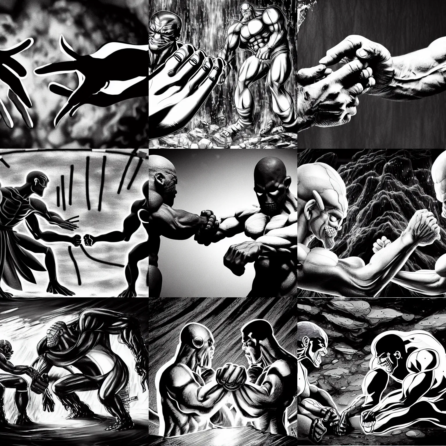 Prompt: black and white thanos plays arm wrestling with the thanos in a cave, by tsutomu nihei, black and white, old cave with slime and wires blur background, cinematic, perspective, realistic