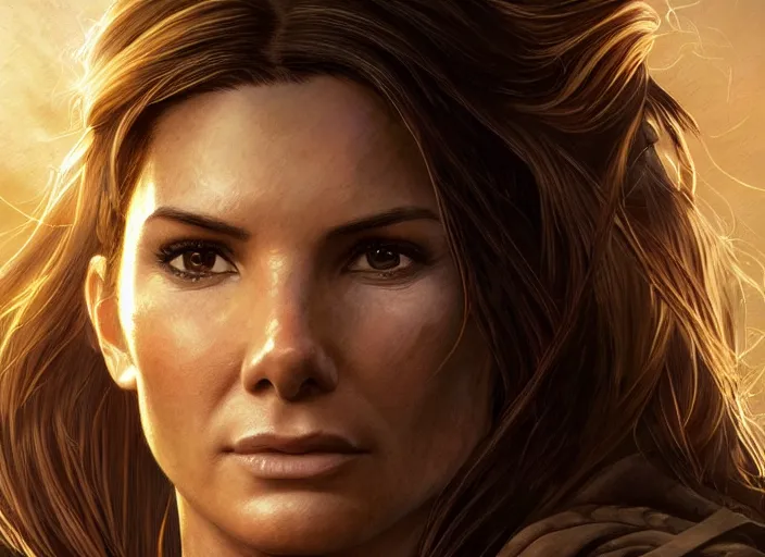 Image similar to face portrait of concentrated young Sandra Bullock as Lara Croft entering the large Minas Tirith gate, sun beams, intricate, elegant, highly detailed, centered, digital painting, artstation, concept art, smooth, sharp focus, illustration, Allan Lee, John Howe