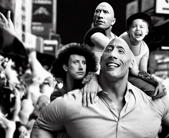 Image similar to Dwayne the Rock Johnson riding on the back of Adam Sandler, doing Methamphetamine at Times Square, photograph by Alfred Eisenstaedt, 4K, dramatic lighting; 4K 8K