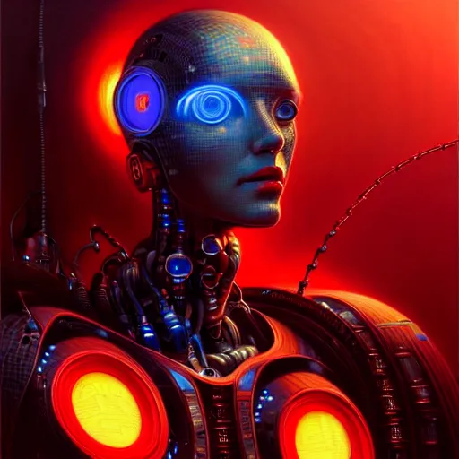 Image similar to low angle shot of a cyberpunk robot character, red computer wires, intricate, elegant, highly detailed, centered, digital painting, artstation, concept art, smooth, sharp focus, illustration, artgerm, Tomasz Alen Kopera, Peter Mohrbacher, donato giancola, Joseph Christian Leyendecker, WLOP, Boris Vallejo