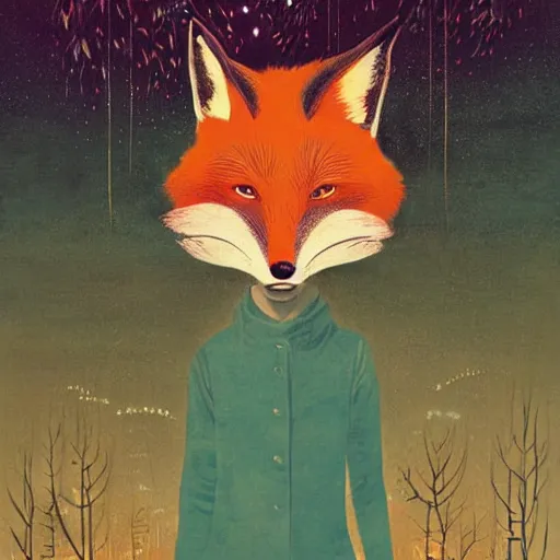 Prompt: little girl with fox mask on the prowl oil painting victo ngai