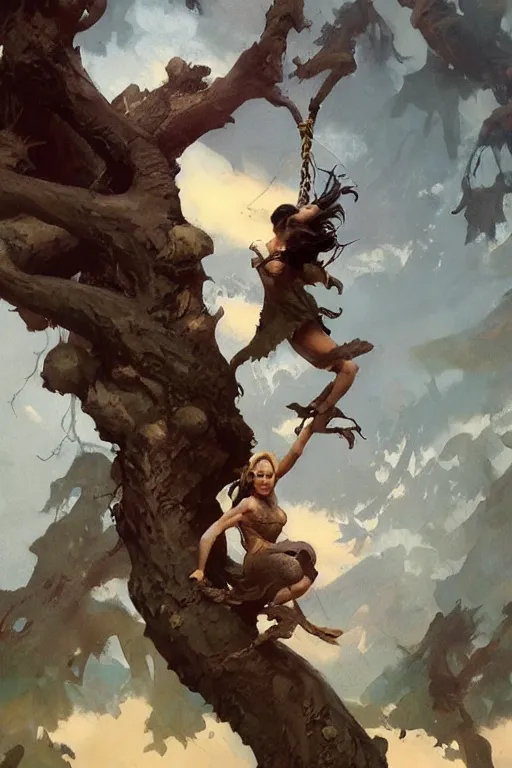 Image similar to Jane swinging from a tree , by Frank Frazetta, Greg Rutkowski, Boris Vallejo, epic fantasy character art, Exquisite detail, post-processing, low angle, masterpiece, cinematic