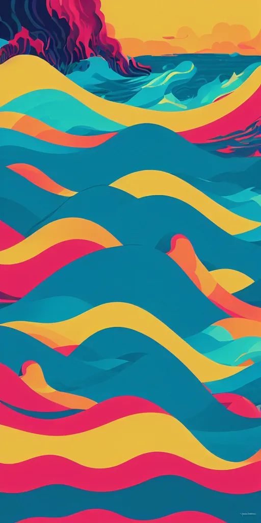 Prompt: cursed multicolored waves, tom whalen, james gilleard, liam brazier, tristan eaton