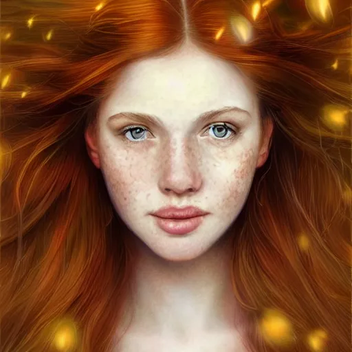 Image similar to highly detailed portrait of a red haired girl, long hair, green eyes, hint of freckles, beautiful round face, soft amazed smiles, among golden fireflies, deep focus, elegant, digital painting, smooth, sharp focus, golden ratio, illustration, ultra realistic, 8 k, art by artgerm and caravaggio