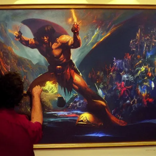 Image similar to wizard surrounded by crt televisions, oil on canvas, frank frazetta, john williams