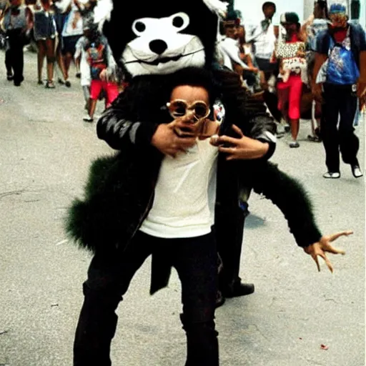 Prompt: Michael jackson dancing with a furry guy wearing a fursuit at the streets of pelorinho Brazil, 1997, they dont care about us