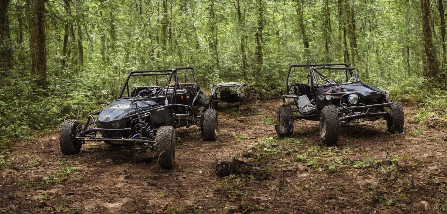 Image similar to off road buggy in the forest, artstatiom, 4 k, incredibly detailed