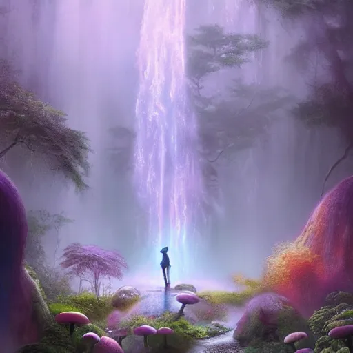 Image similar to tom bagshaw, soft painting render curiosities pond vegetation rocks gigantic mushrooms covered moss scintillating flying bioluminescent wisps, beautiful miniature silhouettes waterfall rainbow wildlife, accurate features, focus, very intricate ultrafine details, random volumetric lighting, fog, award winning masterpiece, octane render 8 k hd, artstation