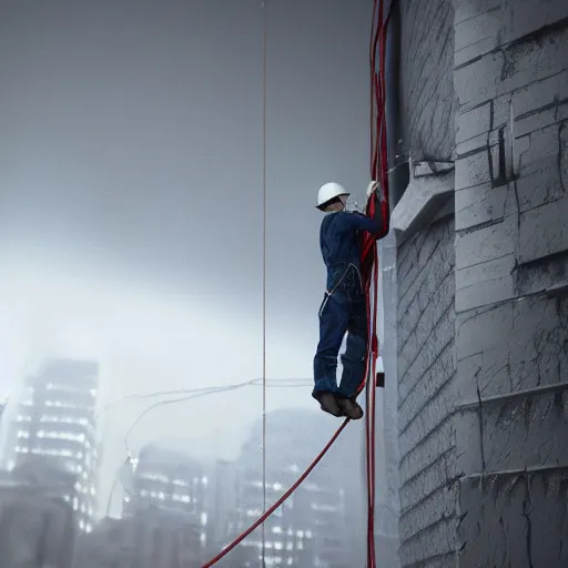 Prompt: rope access technician, extreme cold, cloudy weather, octane render, volumetric lightning, hyperrealistic, cgi, - q 2, 8 k