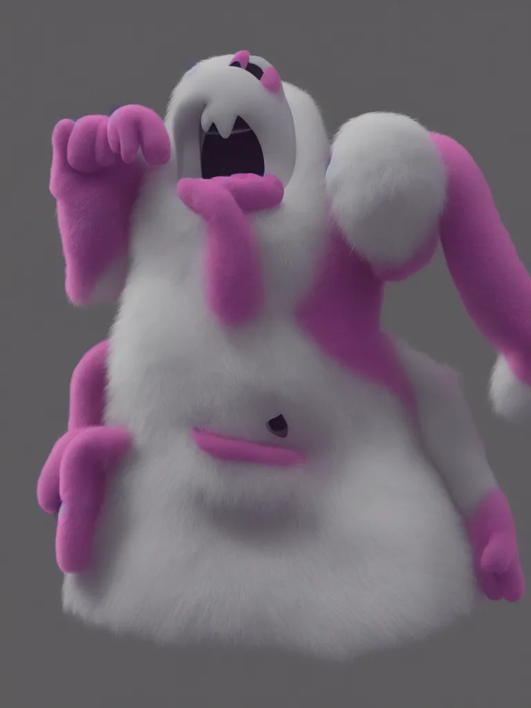 Image similar to “realistic pinkie the ghost from pac man rendered in 3d, fuzzy, furry, pixar, ultradetailed, octane render, epic”