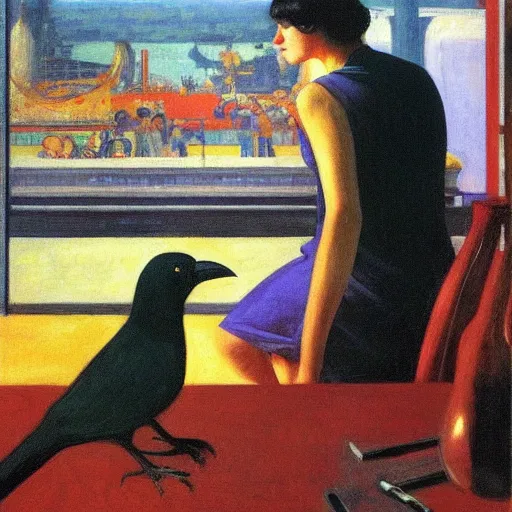 Image similar to a battle of crows in mumbai, hyperrealistic film still by edward hopper, by gottfried helnwein, by klimt, by paolo uccello, art nouveau, highly detailed, strong lights, liminal, eerie, metaphysical, bright pastel colors