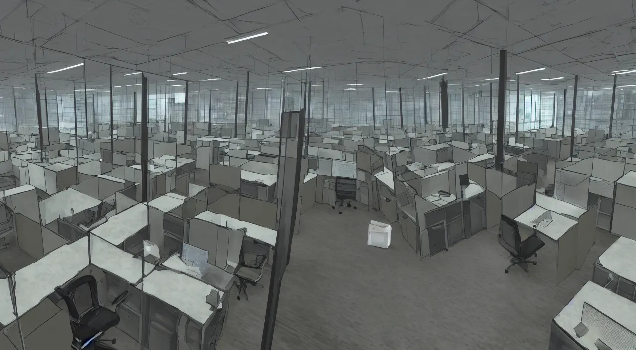 Prompt: An office at 3AM with multiple cubicles and a window that provides a view of the city, Source Engine, Gmod, Half Life 2