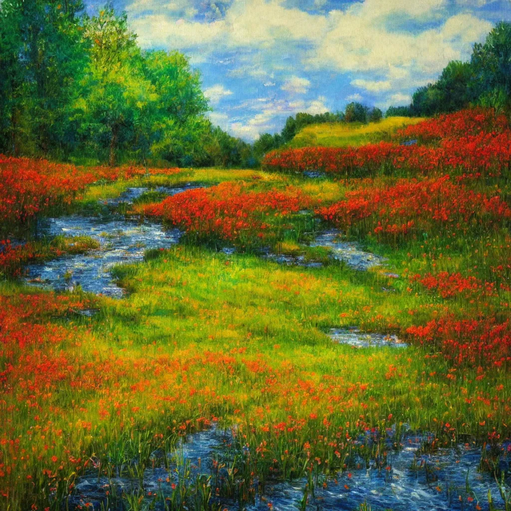 Image similar to an impressionist painting of a gorgeous meadow with a stream flowing through it surrounded by ( ( ( ( ( large mushrooms ) ) ) ) )!!!!!!!!!, psychedelic colors, trending on artstation