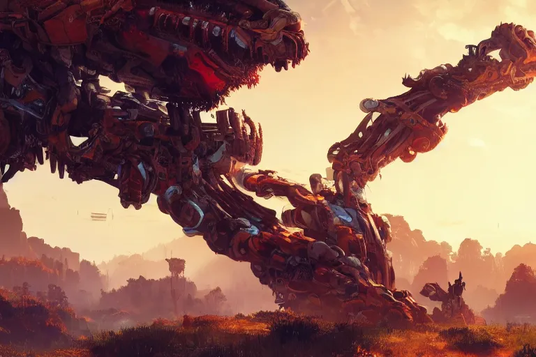 Image similar to snapmaw machine creature robot of horizon forbidden west horizon zero dawn radiating a glowing aura global illumination ray tracing hdr fanart arstation by ian pesty and alena aenami artworks in 4 k