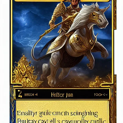 Image similar to a human king holding a golden sword and a golden shield riding a griffin, fantasy card game art