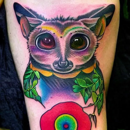 Prompt: shoulder tattoo of a multicolored trippy furry cute bushbaby with rainbow colored spiral eyes, surrounded with colorful shrooms and flowers, marihuana leaves, insanely integrate