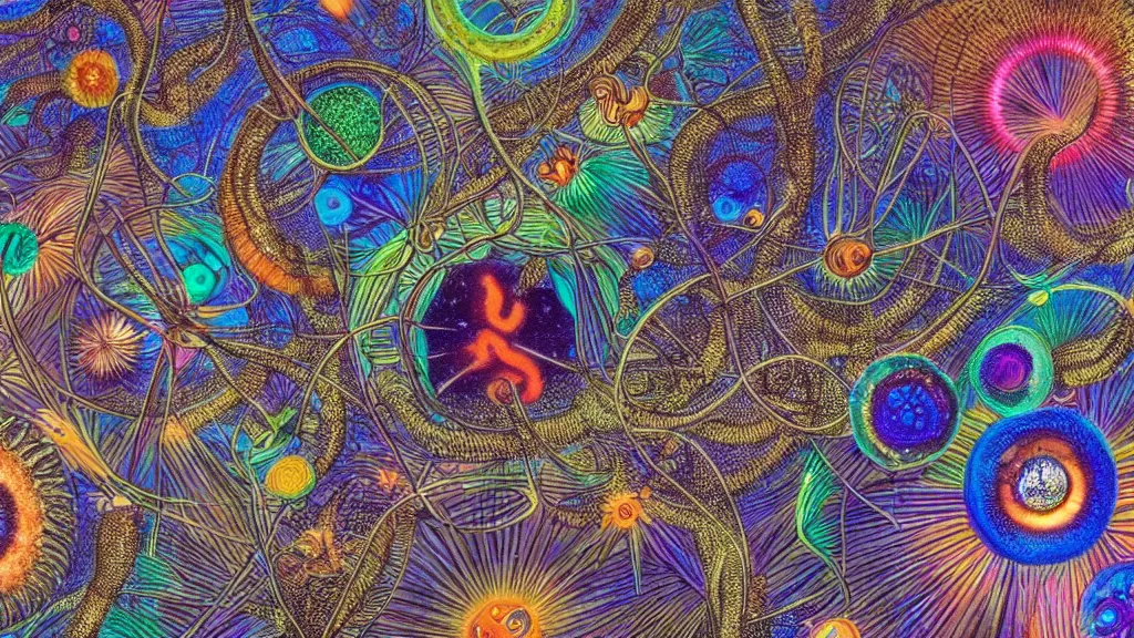 Image similar to quantum connections represented as symbiotic organisms like cells playing around with colorful lights by ernst haeckel, hostile environment, greedy