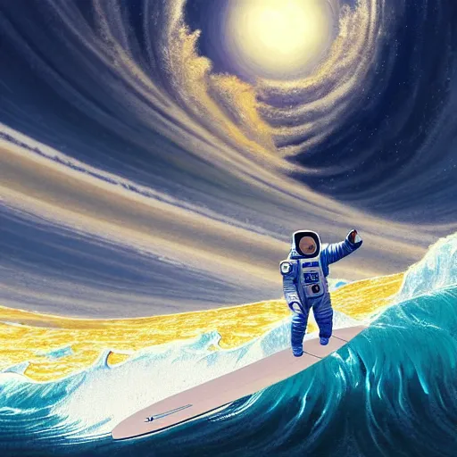 Image similar to a beautiful digital painting of an astronaut in a white and royal blue luxurious space suit surfing the great wave of Kanagawa on a chic surfboard at Pamukkale, thermal waters flowing down gold travertine terraces by greg rutkowski, during a blood moon, award winning photo, trending on artstation, highly detailed, unreal engine, octane render