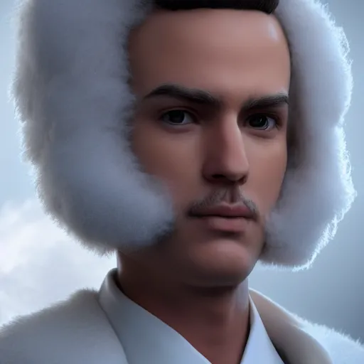 Image similar to beautiful 3D rendered fictional character, his head is made of fluffy clouds, wearing white suit, realistic, 8k, 4k, unreal engine, by Antoni Tudisco, artstation