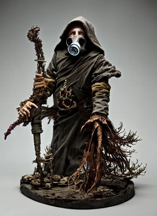 Prompt: old necromancer, wearing a wizard cloak, gas mask, by ellen jewett, hyper detailed, intricate, complex, 8 k, crisp,