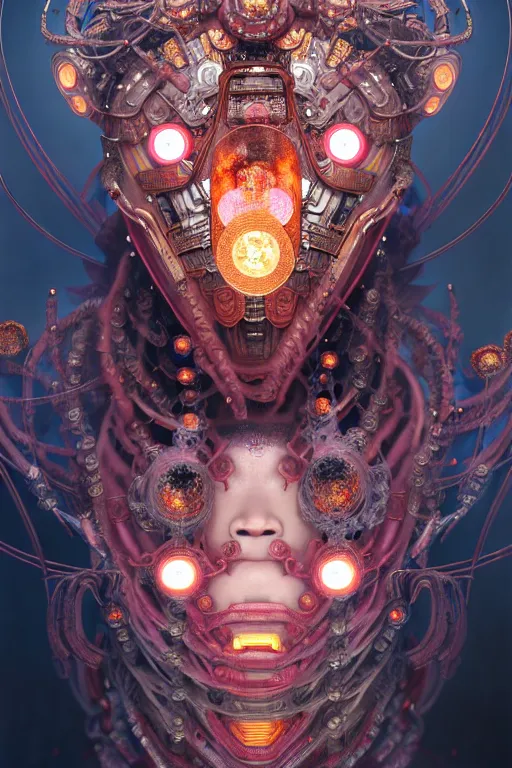 Image similar to asura from chinese myth, ghost, gorgeous and huge head ornaments, dystopian, cyberpunk, organic fractal mycelum and fungi, mecha, halfturn portrait of a big crystal face made of crystals half - turn, ominous, intricate, studio, art by anthony macbain + greg rutkowski + alphonse mucha, concept art, 4 k, sharp focus