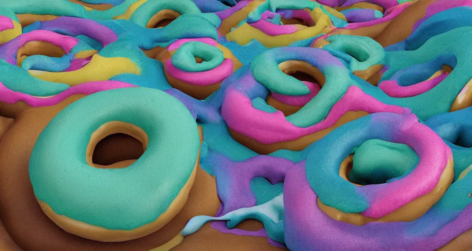 Image similar to storybook imagery. landscape photography of a turbulent donut ocean that is made up of a sea of giant cream glazed sprinkle covered donuts. claymation. diorama. digital art. colorful. render. 4 k. 8 k. trending. wallpaper.