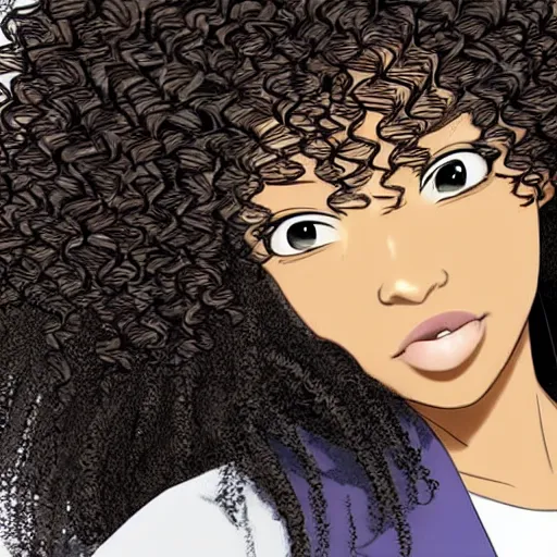Prompt: A brown skinned woman with black curly hair as an anime character