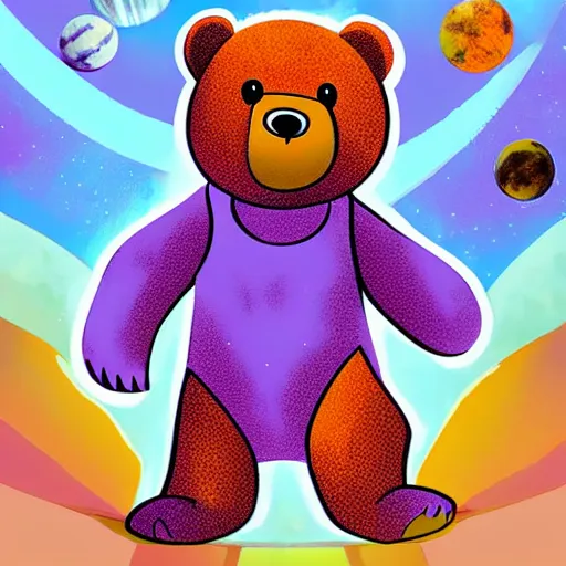 Image similar to cartoon animated illustration of a bear mascot being launched from a futuristic marble planet, purple and orange cloudland