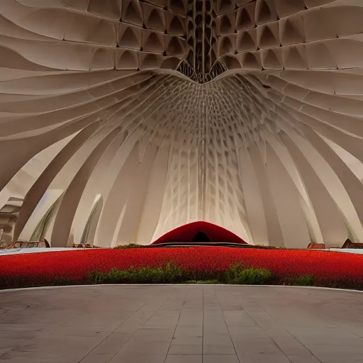 Prompt: interior of a futuristic lotus temple with gold, red and white marble panels, in the desert, by zaha hadid and buckminster fuller and syd mead, intricate contemporary architecture with art nouveau motifs, photo journalism, photography, cinematic, national geographic photoshoot