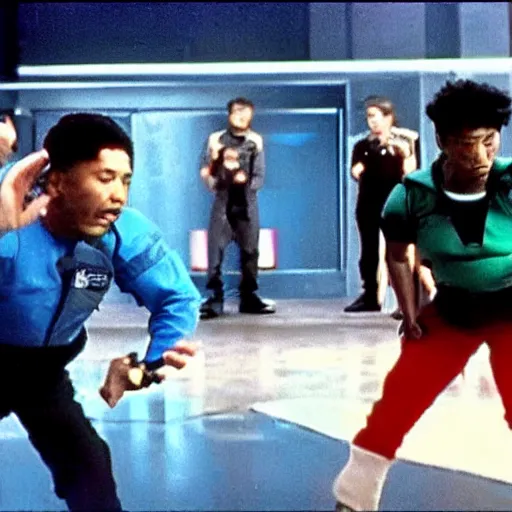 Image similar to film still of 'Future Force 2050' (1995). Scene where the spaceship crew compete in a break dancing contest.