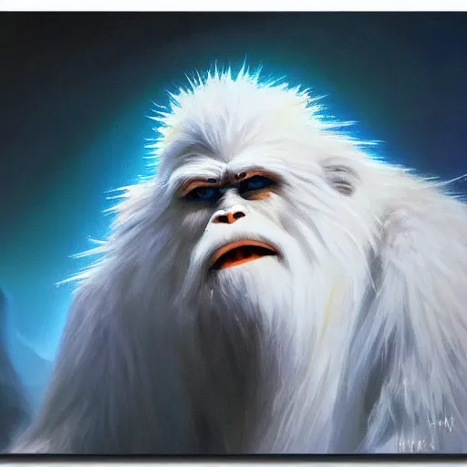 Image similar to oil painting of a yeti, a white snow primate, in style of ivan aivazovsky, expressive face, detailed face, detailed eyes, full body, feminine face, tracer overwatch, disney, pixar