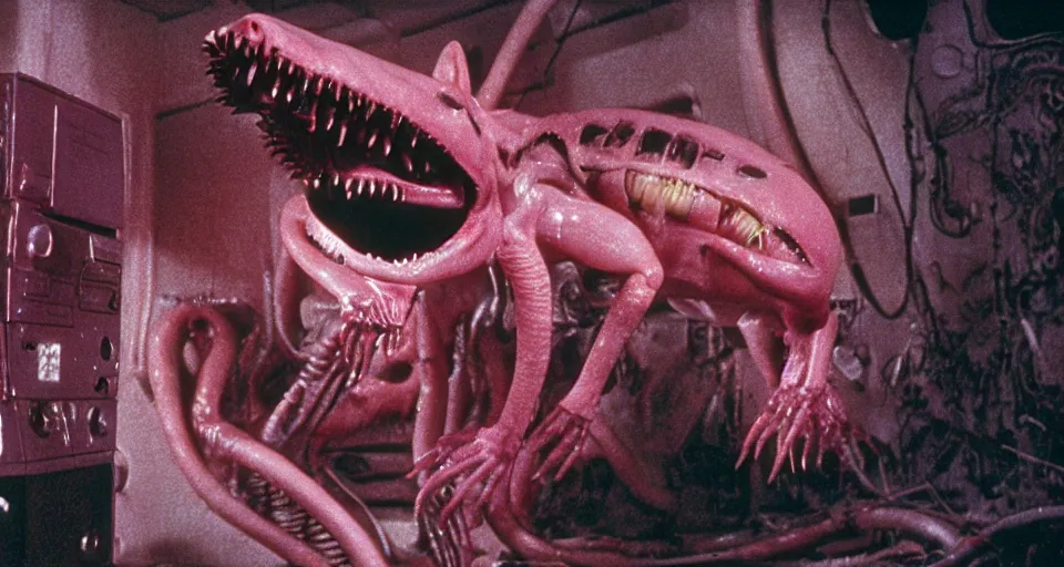 Image similar to peppa the pig infected by xenomorph from movie alien 1 9 7 9, staying at nostromo spaceship. extreme long shot, 4 k, cinestill, giger, hermann nitsch, dark colors