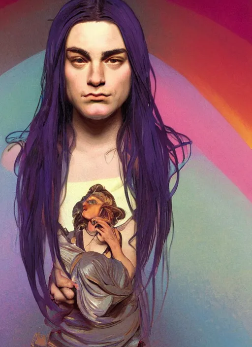 Image similar to Ben Shapiro as a transgender, gay colors, queer theme, rainbow hair , sigma male, accurately portrayed, portrait art by alphonse mucha and greg rutkowski, highly detailed, digital painting, concept art, illustration, dim lighting with twilight rays of sunlight, trending on artstation, very detailed, smooth, sharp focus, octane render, close up